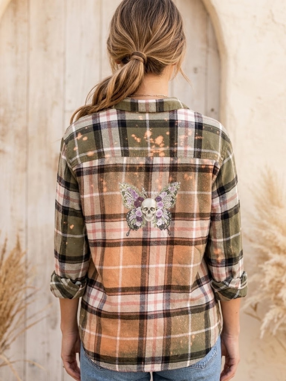 Women’s XL Plaid Flannel Shirt Bleach Distressed Floral Skull Graphic
